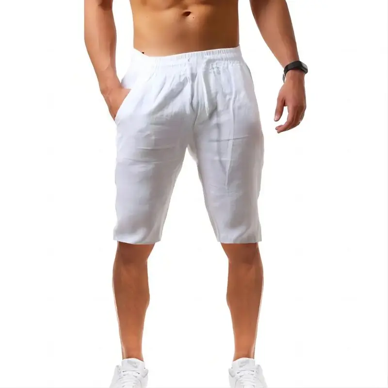Summer New Loose Cotton and Hemp Breathable Capris for Men's Sports and Leisure Elastic Tied Linen Shorts S~5XL