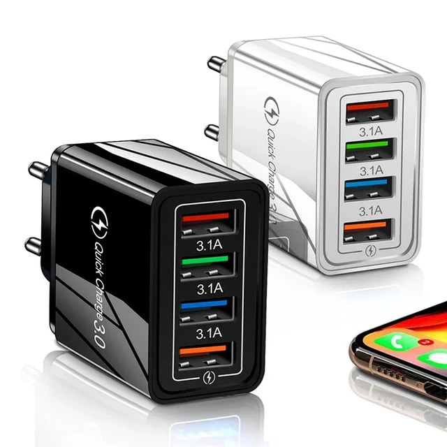 شاحن سريع USB متعدد المنافذ ، 3A ، 4 USB ، شحن سريع ، محول هاتف ، كمبيوتر لوحي ، حائط محمول ، شاحن سريع لـ Poco ، EU ، قابس لنا