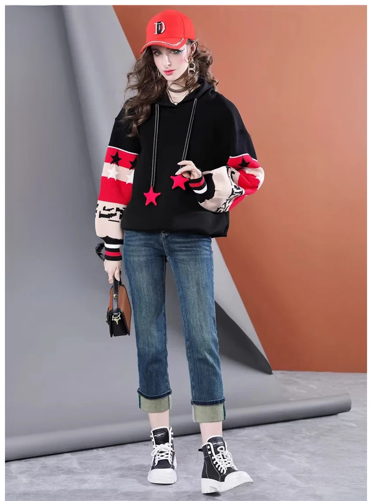 سترة نسائية بغطاء للرأس على شكل نجمة - سويت شيرت كبير الحجم مع رباط |   بلوفر كاجوال