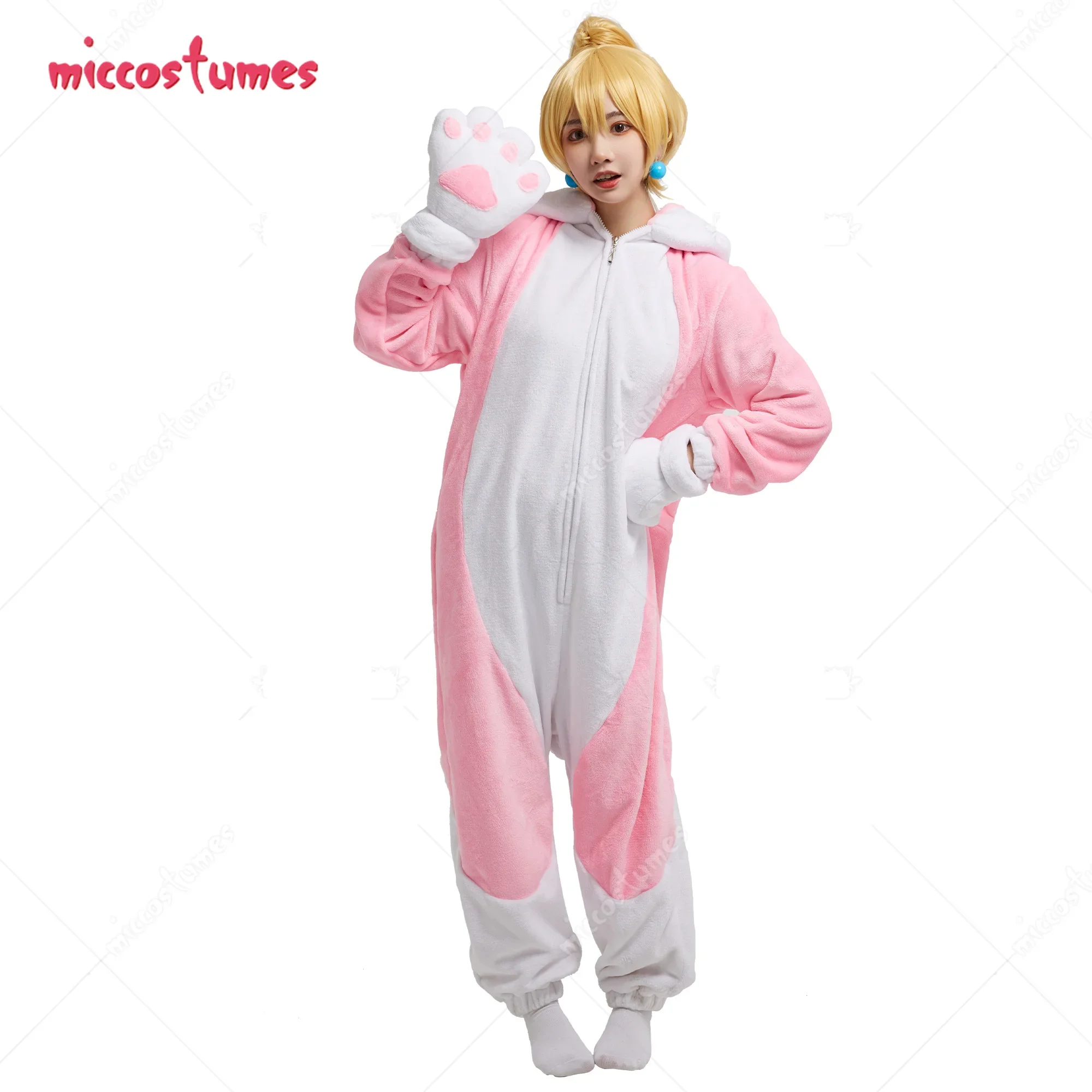 Miccostumes Women Peach Derivative Cat Pink Onesie Pajama Adult Onesie Homewear Kigurumi Hooded Loungewear Costume Outfits cosplay costumes kigurumi pajamas
