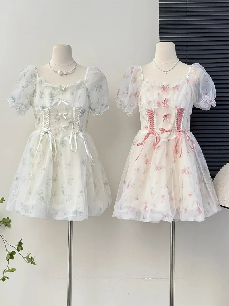 

Платье Лолита с квадратным вырезом, пышными рукавами и цветочным принтом, Y2k, лето 2024, Vestidos De Mujer, сетчатая Лоскутная одежда в стиле пэчворк, женское платье