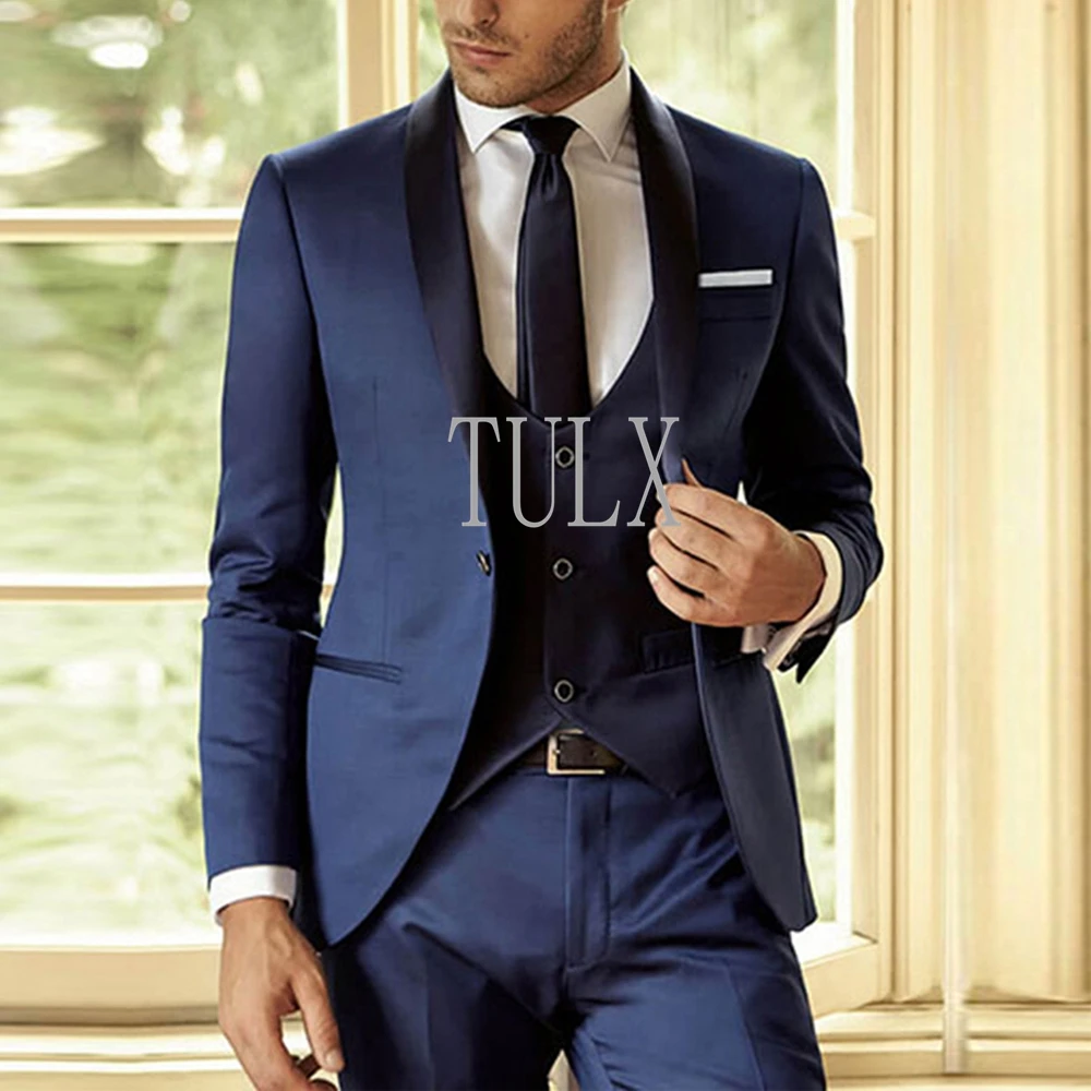 

Shawl Lapel Navy Blue Male Suit 2023 Slim Fit One Button Tailor Made Business Groom Wear 3 Pieces Suit Set Trajes De Hombre
