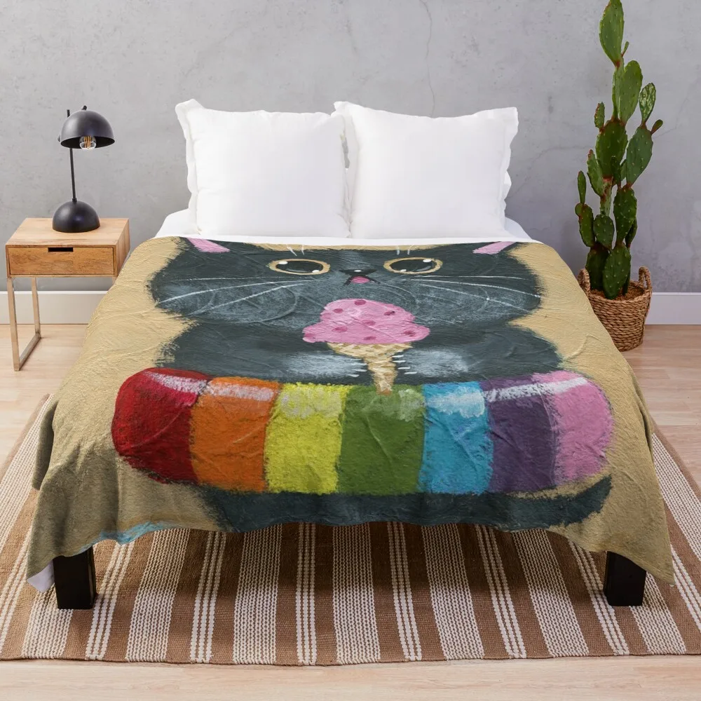 

At The Beach, Ice Cream Cat Throw Blanket Nap Blanket Blanket For Decorative Sofa Single Blanket