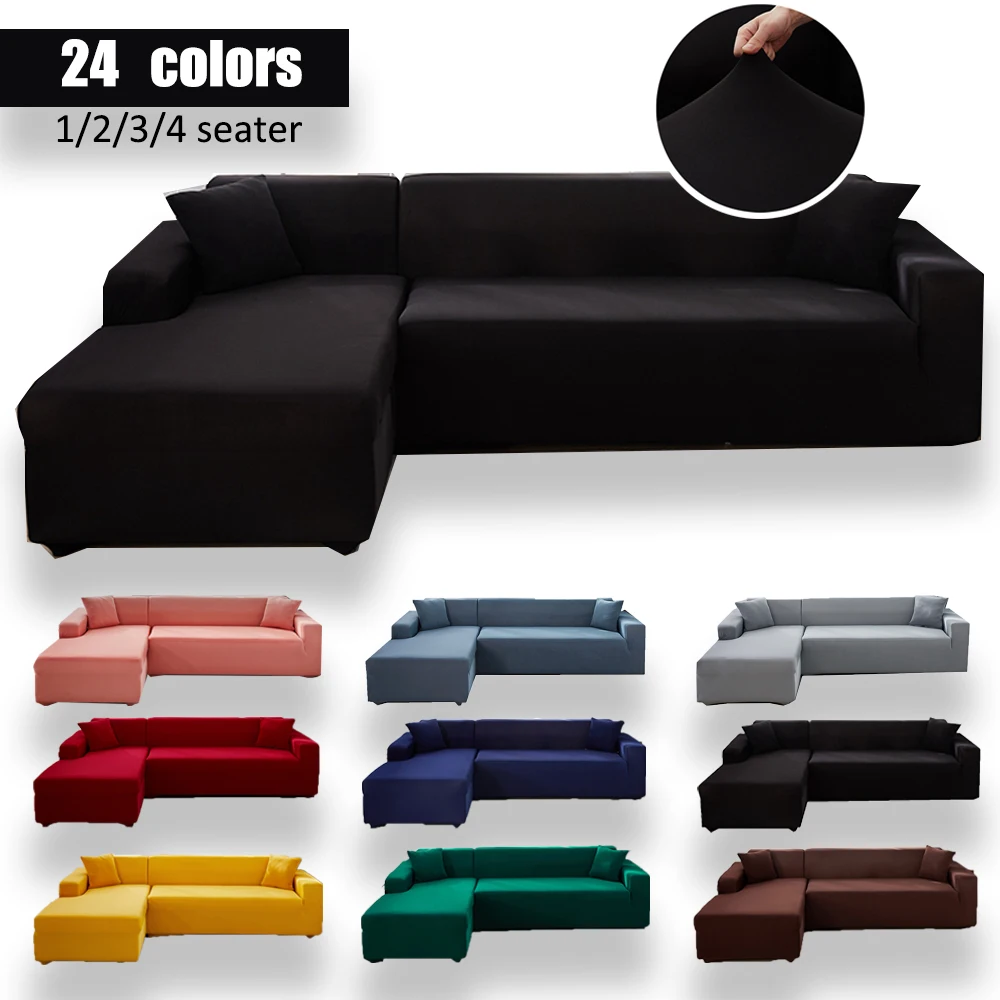 Funda de sofá de esquina elástica de Color negro sólido para sala de estar, 2, 3 y 4 plazas, Chaise Longue, funda de protección decorativa en forma de L