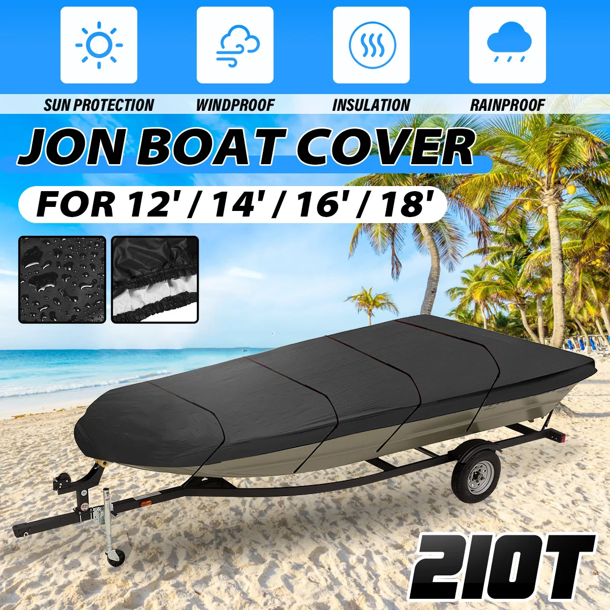 Boat Cover 210D Jon Boat Cover Waterproof Sunshade Anti-UV Protection Heavy Duty 12