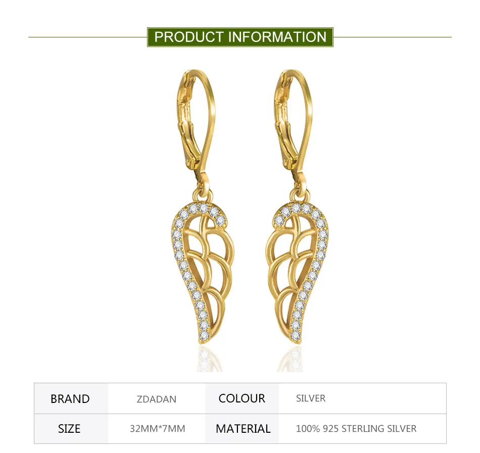 Zdadan 925 Sterling Silber 18 Karat Gold Feder Tropfen Ohrringe für Frauen Hochzeits schmuck – Detail 1