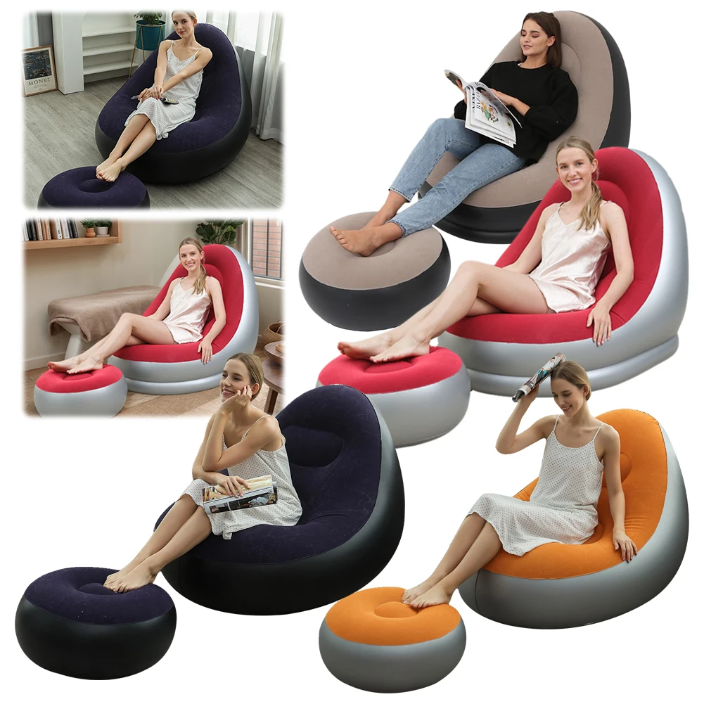 PVC Flocking Inflatable Couch Blow Up Lounger Chair Lazy Sofa Foldable Recliner for Balcony Backyard Camping Picnic RV