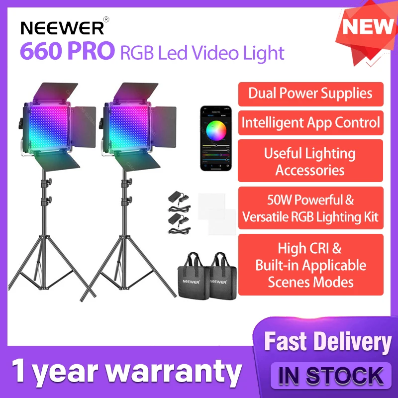 Neewer 2 Packs 660 PRO RGB LED Video Light With App Control Stand Kit, 360 Full Color, 50