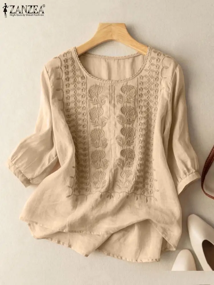 빈티지 셔츠 ZANZEA 여름 레이스 크로 셰 뜨개질 블라우스 여성 3/4 O 넥 슬리브 탑 자수 Blusas Femme Causal Cotton Chie