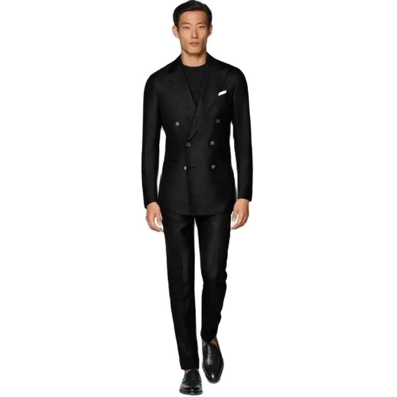 Summer Linen Fabric Double Breasted Groom Tuxedos Slim Fits Men's Evening Dress Toast Party Business Suits W:648