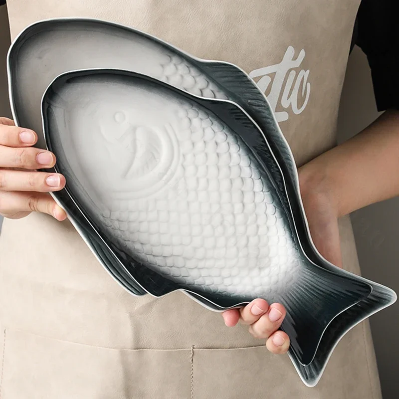 Creative Fish Shaped Ceramic Plate Simple Restaurant Tableware Steamed Fish Dish Grilled and Seafood Dishes Dinner Plates