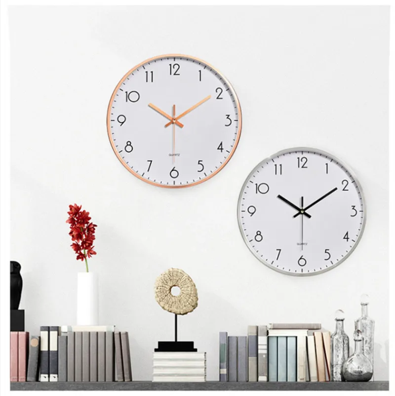12" Fashion Mute Quartz Round Hanging Horloges Glass Mirror Nordic Noiseless Simple Baking Varnish Metal Wall Clock for Home