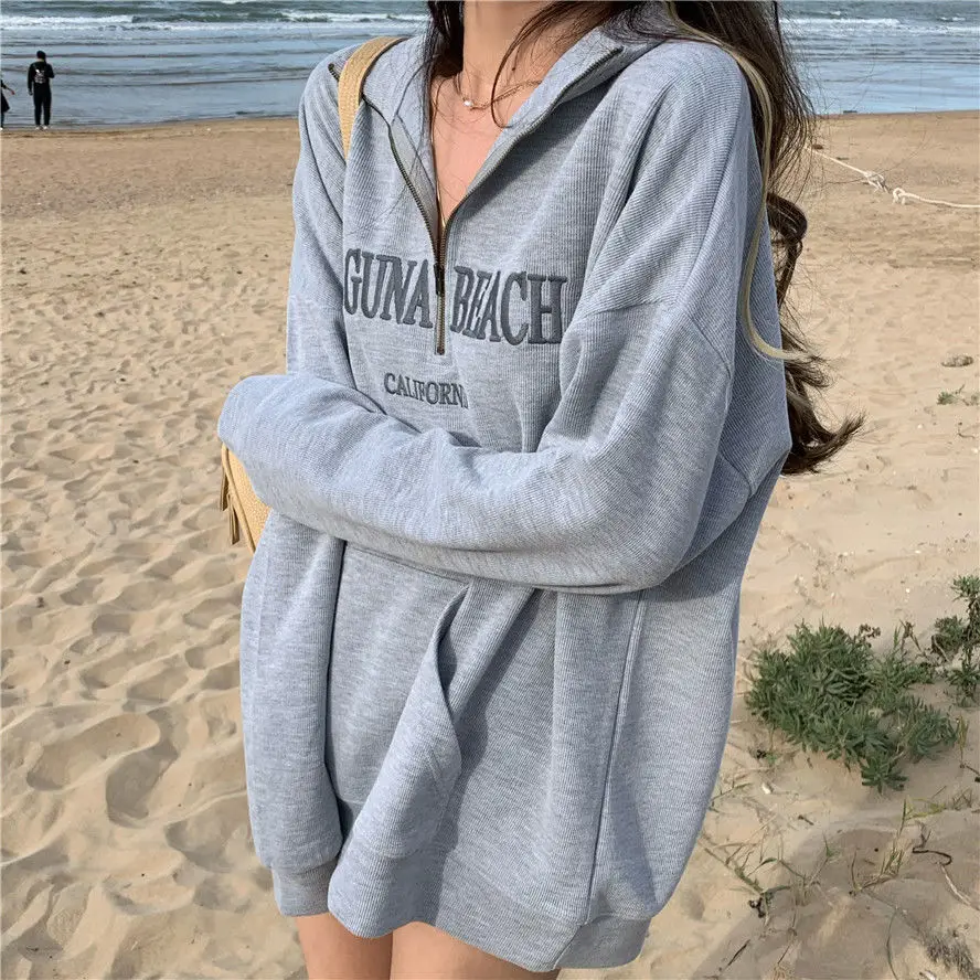 

Casual Women's Sweatshirt Letter Embroidery Half Zipper Turn-down Collar Pullover Sweatshirt Streetwear Women Y2k Clothes