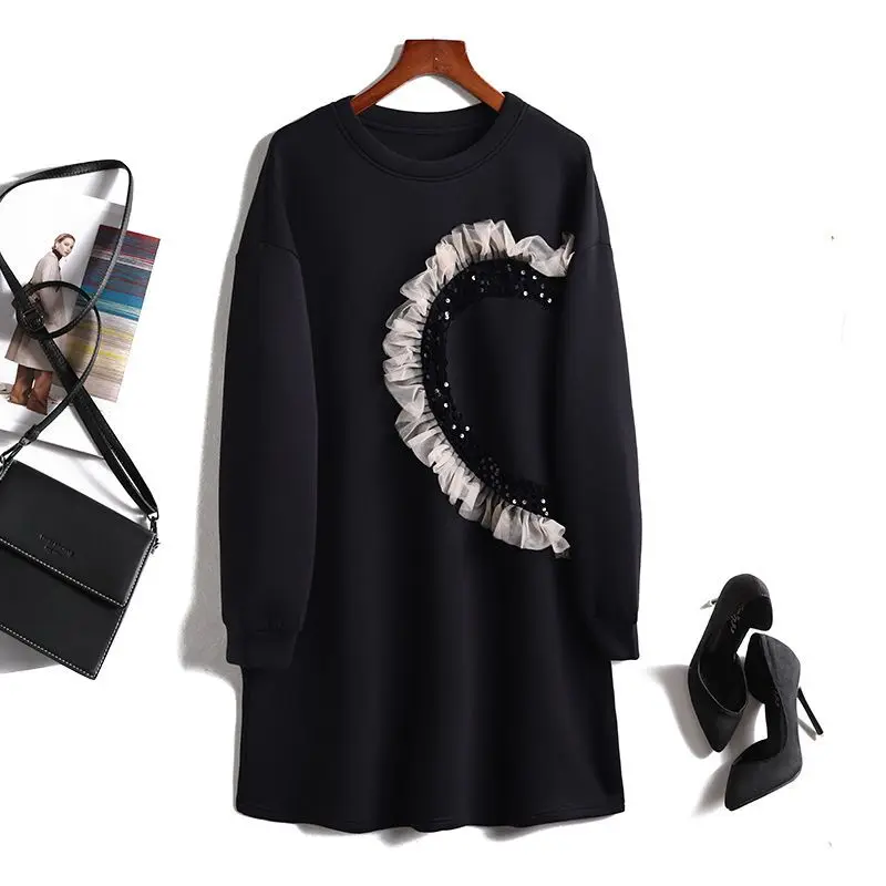 

Korean version 2023 new heavy industry sequin love dress long sleeve