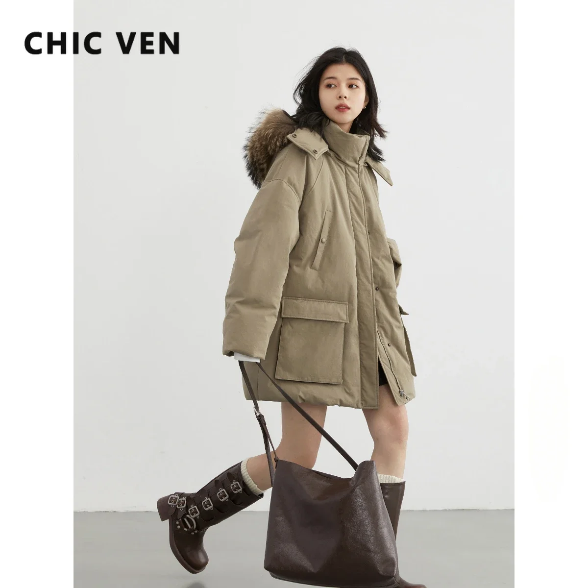 CHIC VEN Women Down Coats Solid Outdoor Loose Casual Down Jacket Thickened Parka Jackets Female Overcoat Autumn Winter, down jacket