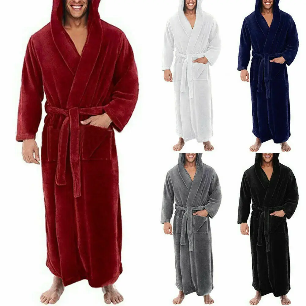 Men's Winter Warm Coral Fleece Long Robe Kimono Gown Warm Flannel Nightdress Bathrobe Casual Sleepwear Lingerie Thicken Homewear