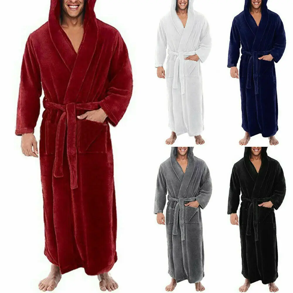 Men's Winter Warm Coral Fleece Long Robe Kimono Gown Warm Flannel Nightdress Bathrobe Casual Sleepwear Lingerie Thicken Homewear winter hooded long fleece bathrobe kimono warm flannel bath robe with belt cozy robes night sleepwear women dressing gown