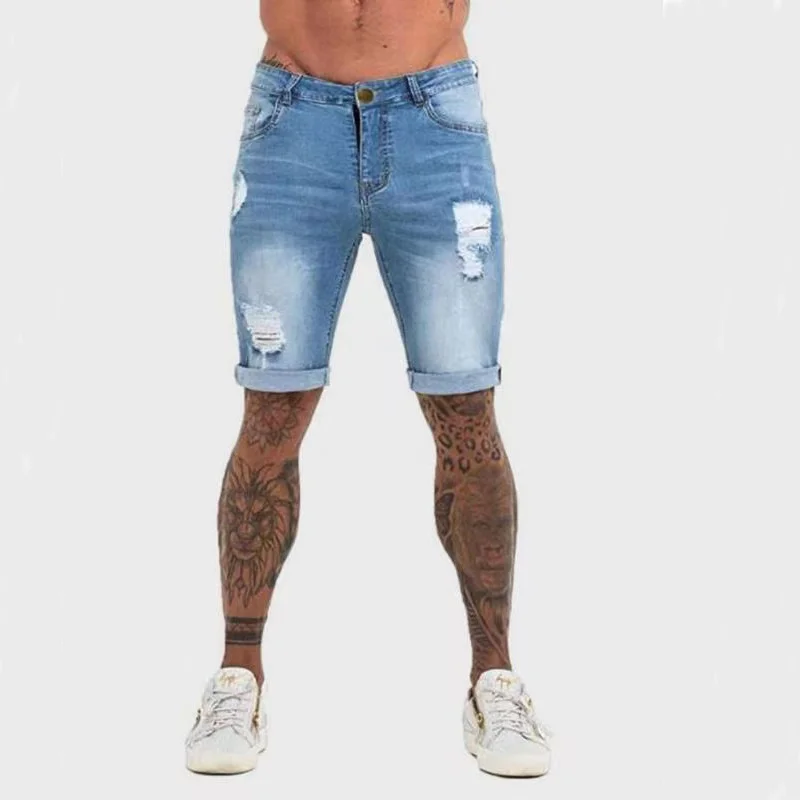 

Fashion Ripped Hole Men's Denim Shorts Knee Length zipper Tight Button Jeans Male Casual Skinny Knee Jeans Shorts Streetwear