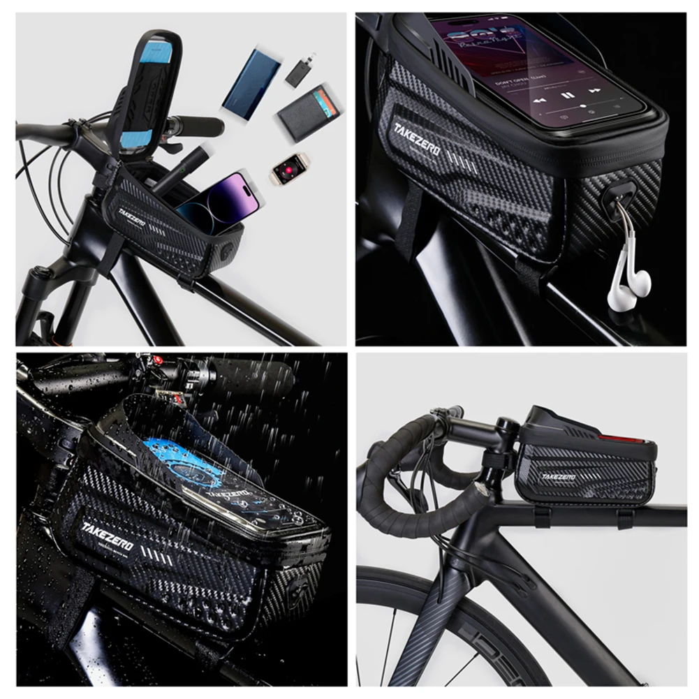 Rainproof Bike Bag Carbon Fiber PU Bicycle Front Cell Phone holder with 6.8 Inch Touch screen Top Tube Cycling MTB Road Bike Bag