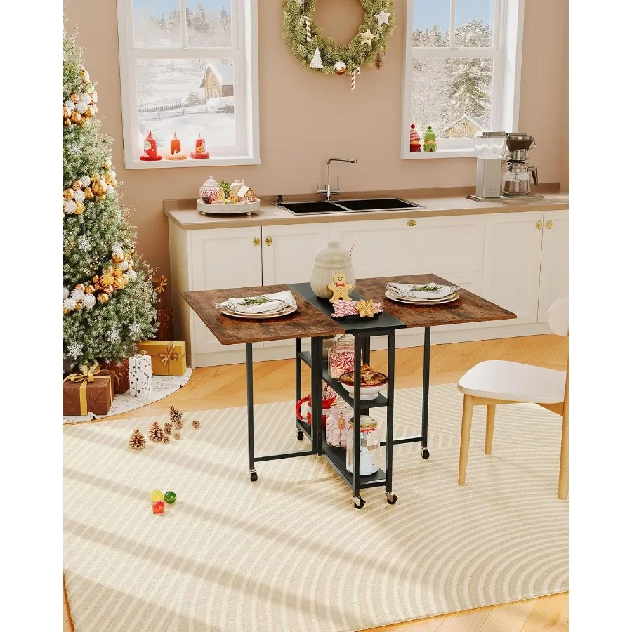 Folding Dining Table Movable Dining Table Expandable Kitchen Table Versatile Table with 6 Wheels and 2Tier Shelf for Dining Liv