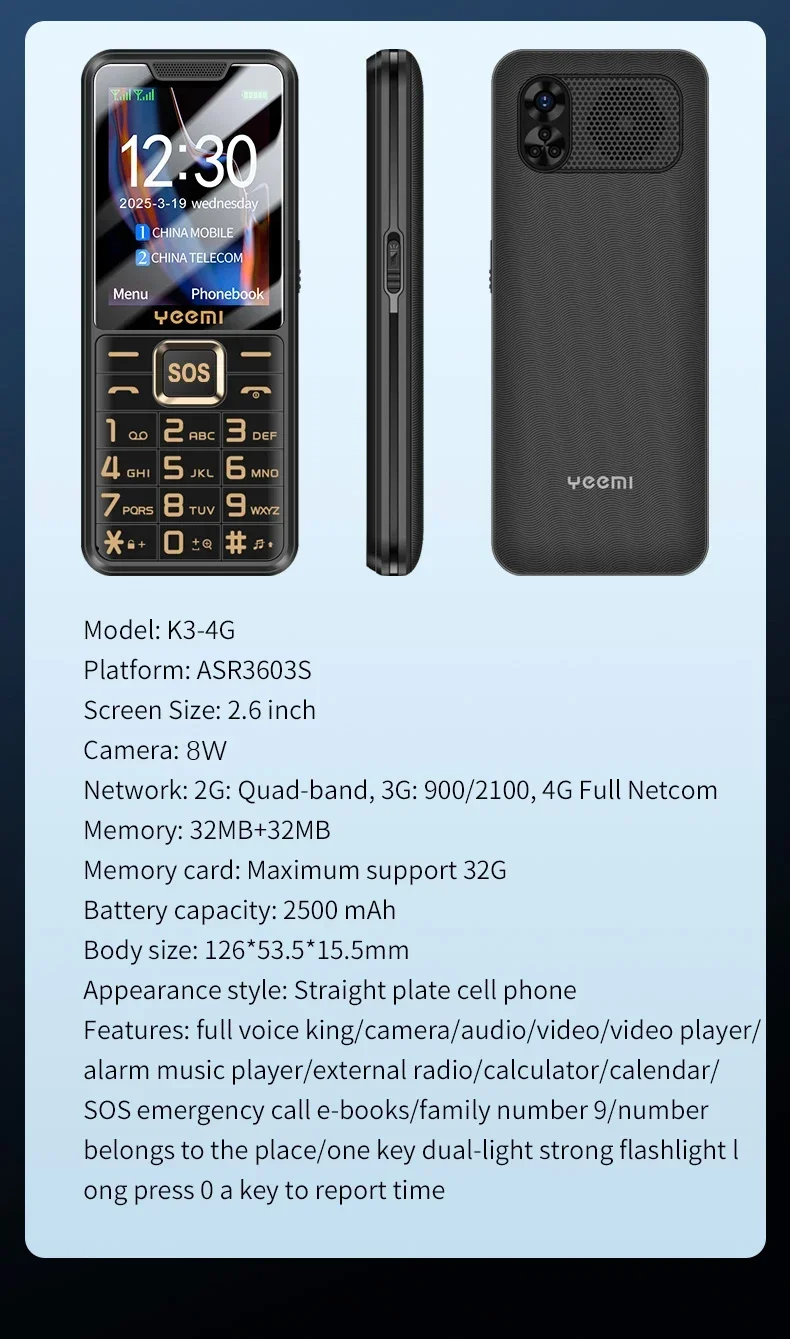 NEW Uniwa YEEMI K3 4G Feature Keypad Phone 2.6 Inch Big Button Loud Volume Dual SlM 2500mAh Keypad Phone for Elderly FM Radio