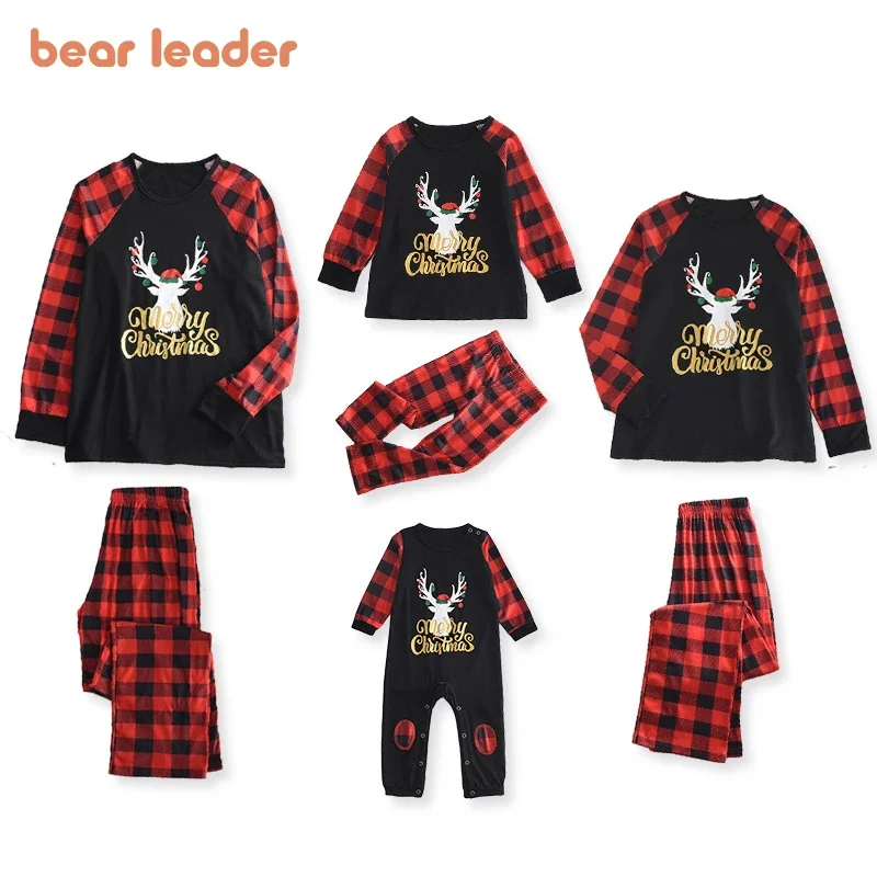Bear Leader Christmas Father Mother Kids Clothes Top+Pants Family Matching Outfit Lattice Xmas Sleepwear Pj's Set Baby Romper