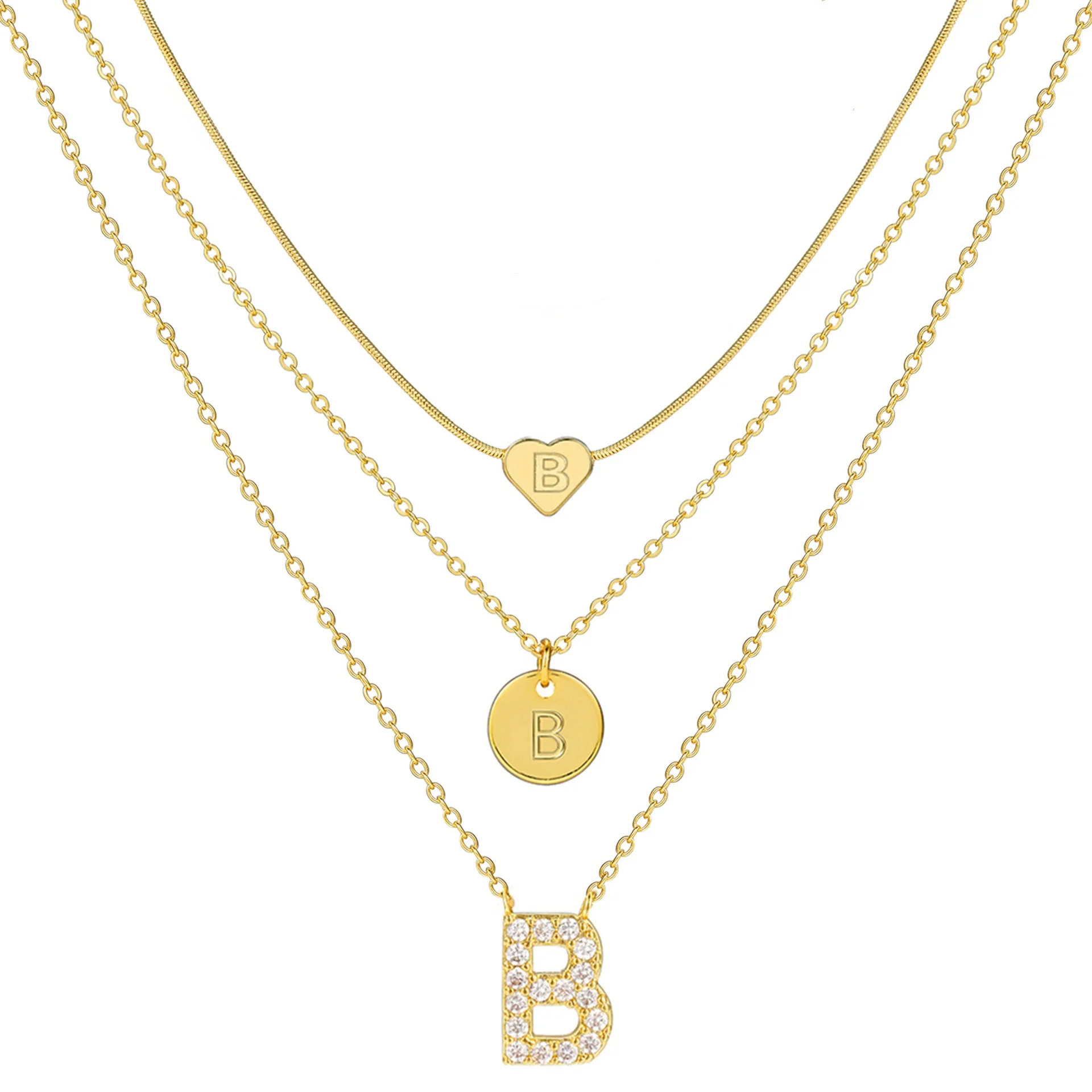 3 Pcs 14K Gold Plated Heart Initial Necklace Sets for Women Fashion Multilayer Letter Choker Necklaces Copper Metal Jewelry Gift