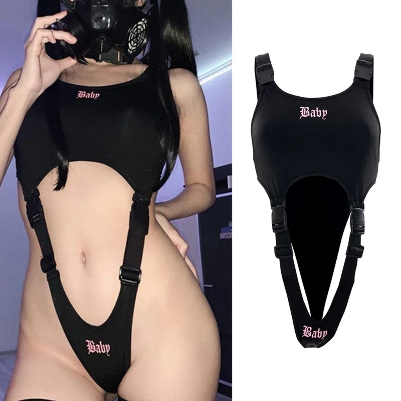 Women Gothic Letter Printed Cutout Sleeveless Bodysuit Round Neck Buckle Leotard