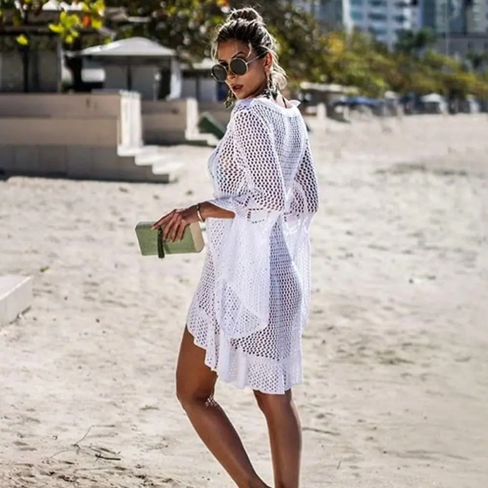 Fashion V Neck Summer Sunscreen Smock Knitted Hollow Out Swimsuit Cover Up Dress Bathing Suit Casual Bikini Cover-Ups for Women 3