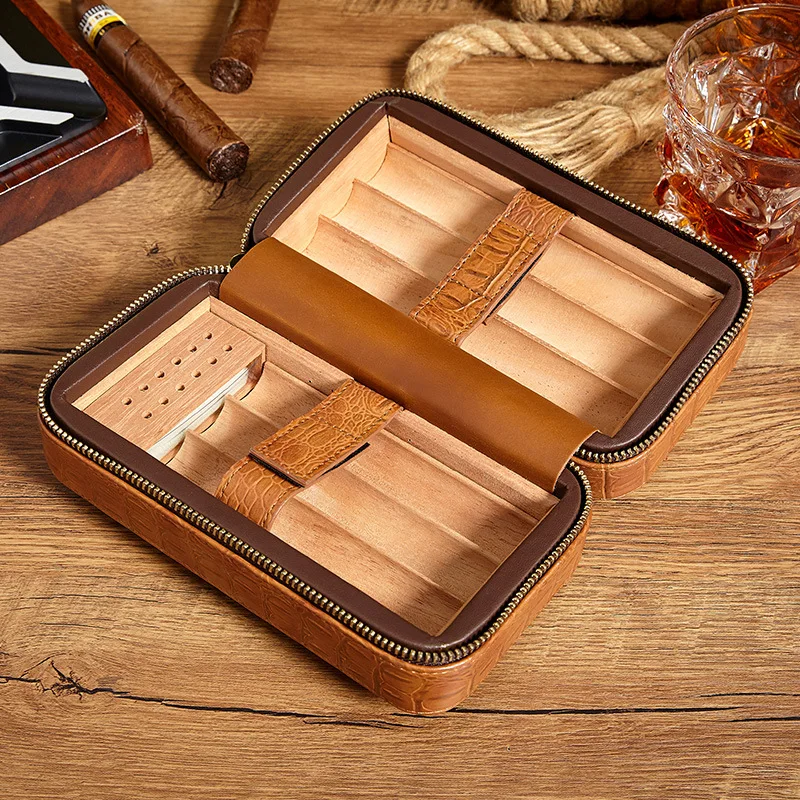 

2023 New Leather Cigar Case Travel Cigar Box moisturizer Cuba Humidor Cedar Wood Portable Cigars Smoking Accessories Men Gifts