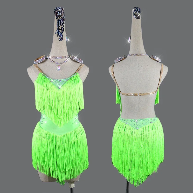 

Latin Dance Dress Sling fringe Skirt Diamond Competition Clothing High-End Custom Adult Child Professional Performance Clothes