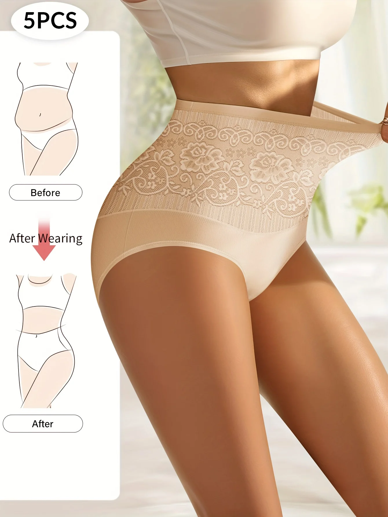 High Waisted Tummy Tuck Women's Panties Jacquard Hip Hugging Briefs Drawstring Cotton Elastane Comfortable 5 Pairs Image 2