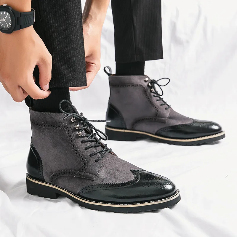 Retro Brown Mens Brogue Shoes Pointed Dress Shoes Men's Ankle Boots Lace-up High Top Casual Leather Shoes Men Botas Para Hombre