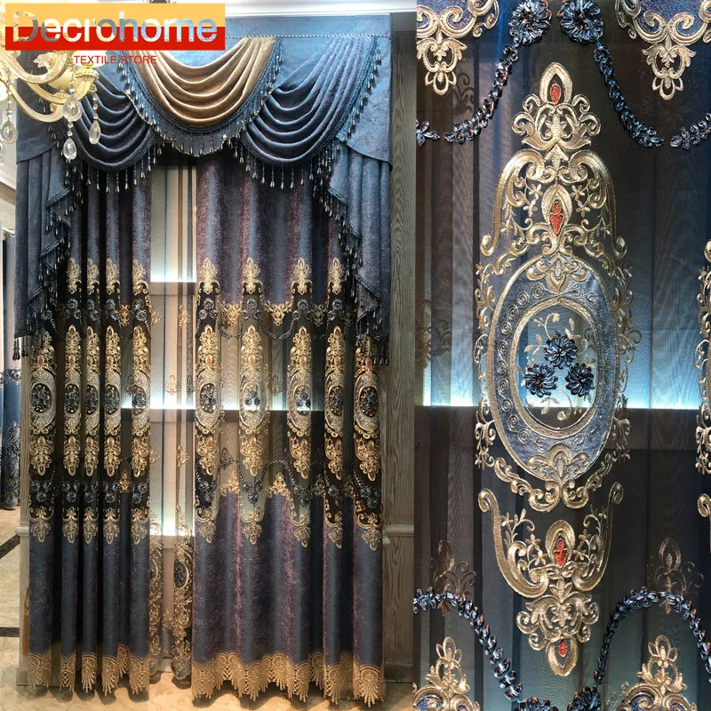 

European Style Blue Coffee Gradual Change Embroidery Window Screen Hollow Chenille Thickened Curtains for Living Room Bedroom