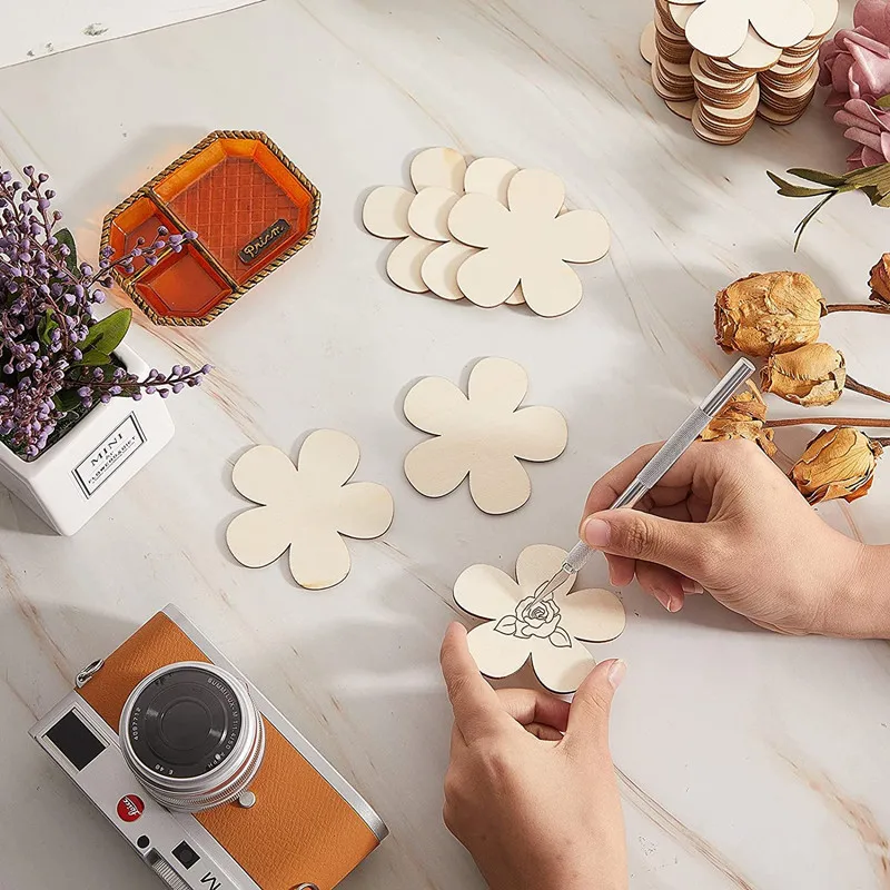 꽃 모양 나무 칩 장식, 나무 조각 그래피티 그리기, 나무 DIY 공예 수공예, 20 개 