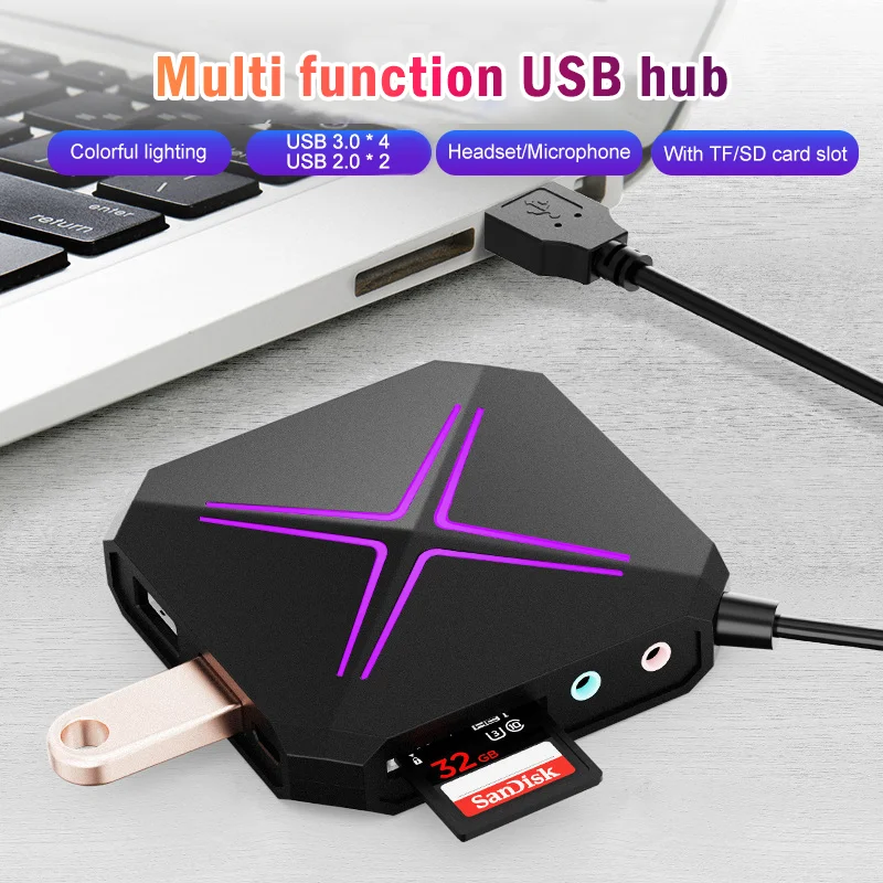 

USB splitter 3.0 one drag six high-speed external with sound card TF SD card Multi-function external conversion expansion HUB