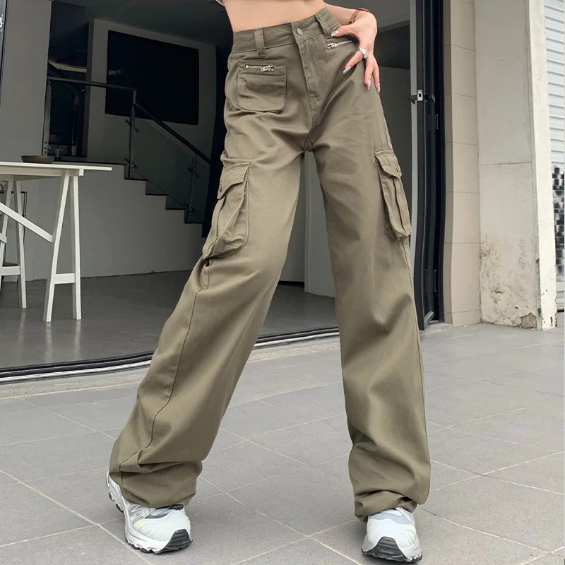 Loose 100% Cotton Cargo Jeans Women High Waist Multi Pocket Workwear Pants Baggy American Wide Leg Streetwear Y2K Denim Trousers