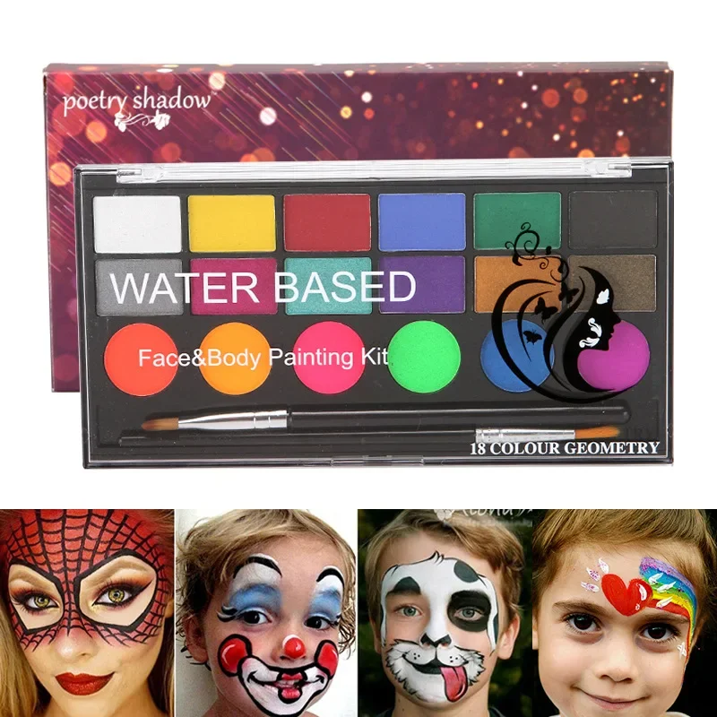 

18 Colors Fluorescent Face Body Paint Beauty Makeup Tool Body Art Painting Water Based Clown Cosplay Halloween Party Makeup Kit