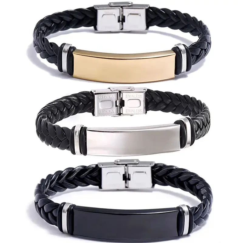 

Customied Leather Braided Stainless Steel Bracelet Bangle for Men Polished Plate Charm Wrap Bracelet Mens Wristband Friendship