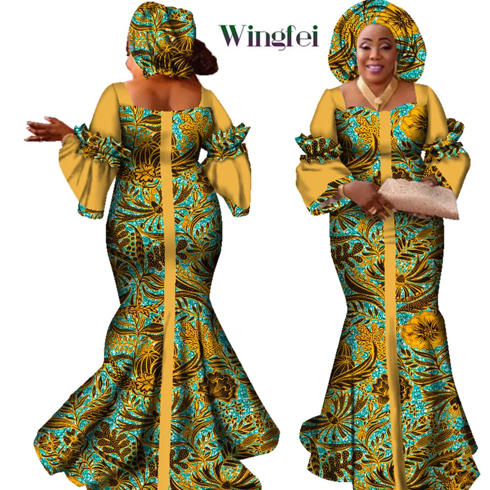 

African Dresses for Women Fashion Design New African Bazin Fashion Design Dress Long Dress with Scarf African Clothes WY2347