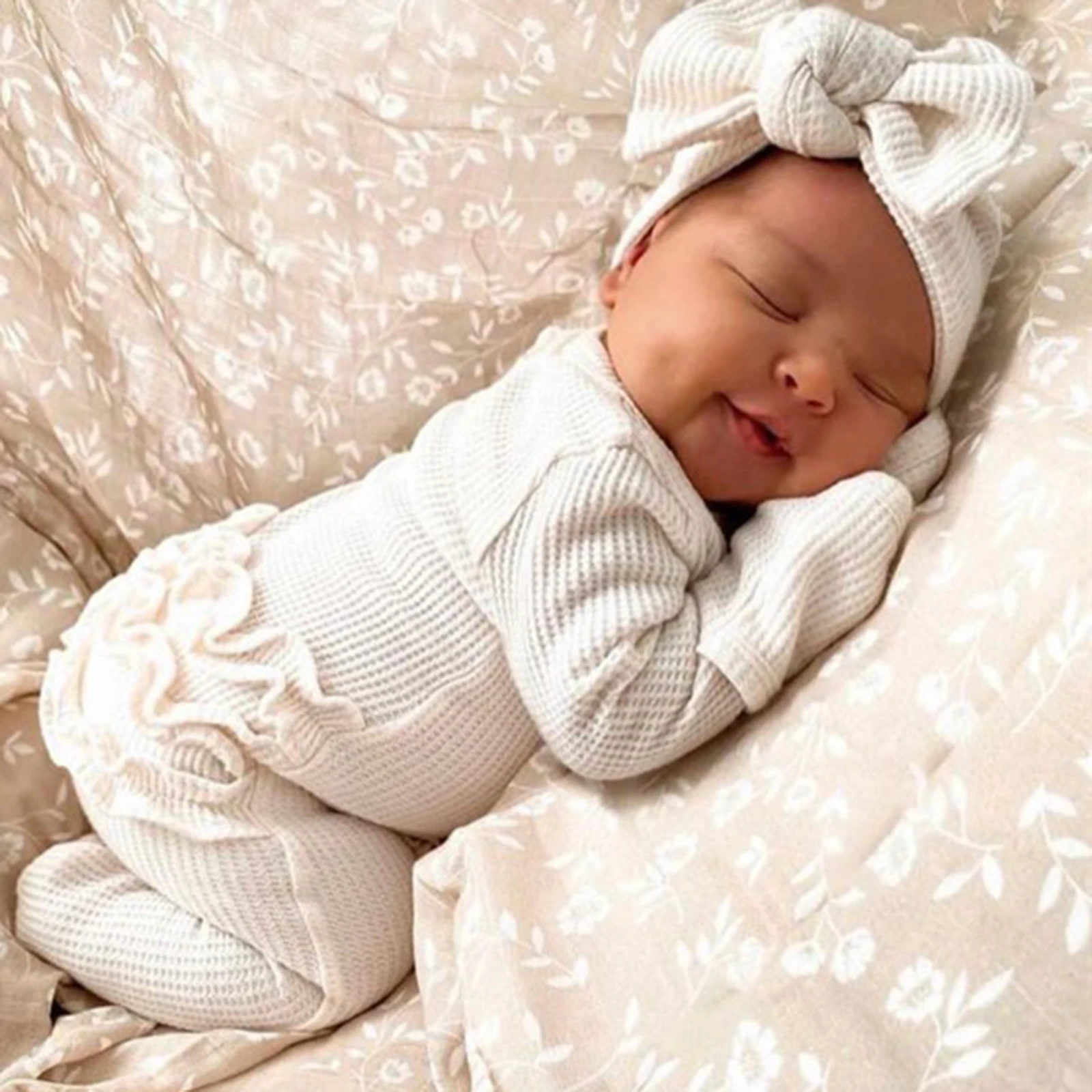 Newborn Baby Coming Home Outfit Girl Boy Zipper Footie Romper Jumpsuit Ruffle Waffle Knit Hospital Coming Home Outfit Clothes - Image 2