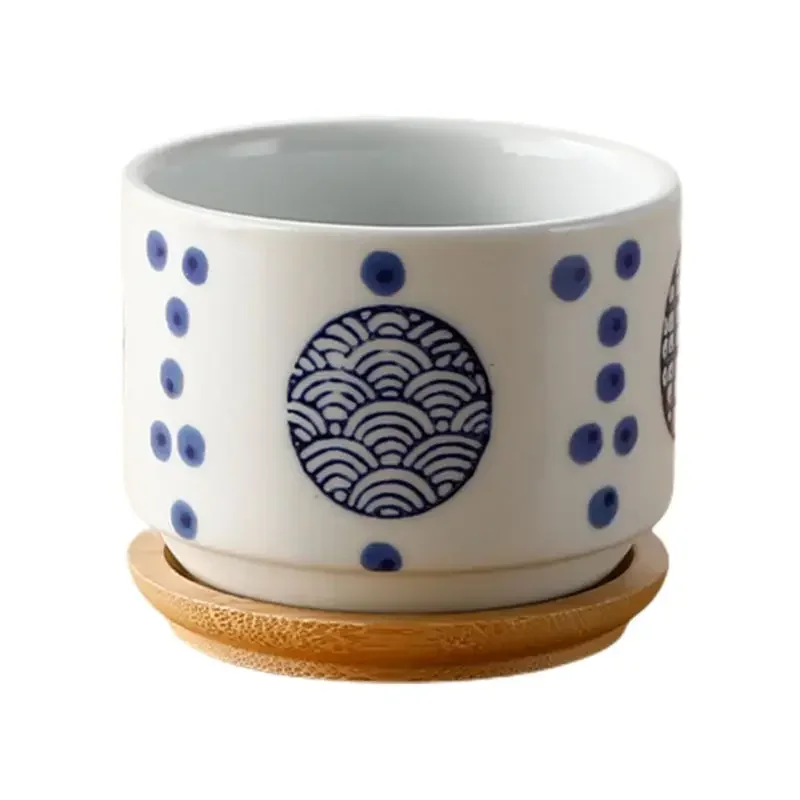 Flower Pot with Bamboo Tray Japanese Style Ceramic Lot Mini Cement Succulent   Bonsai Planter Garden Decor Office Home Plant