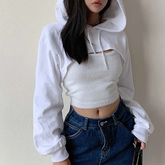 Womens Long Sleeve Cropped Hoodies Sweatshirt Aesthetic Punk Hip-Hop Dance  Plain Sexy Rave Cutout Loose Super Crop Top - AliExpress