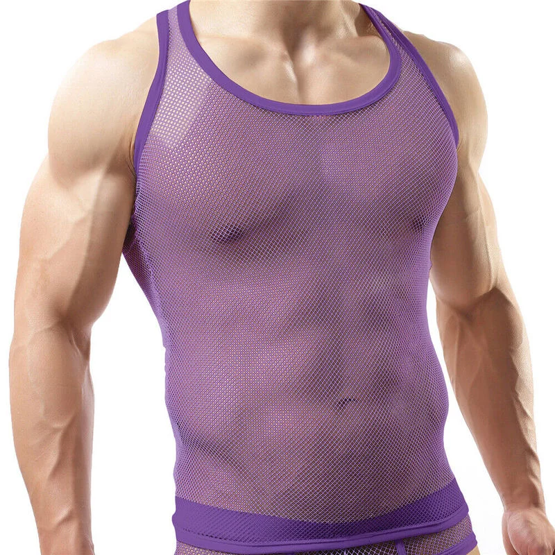 Sexy Mens Undershirts Underwear Tank Tops Breathable See Through Mesh Sleeveless Shirt T-shirts Slim Fitness Vest Men Homewear