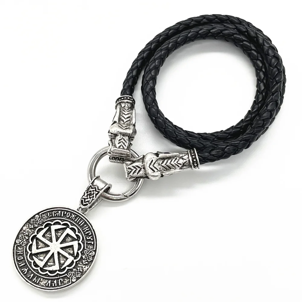 Nostalgia Slavic Kolovrat Pendant Amulet Wheel Wicca Pagan Talisman Wolf Heads Chain Necklace Men Amulet Talisman