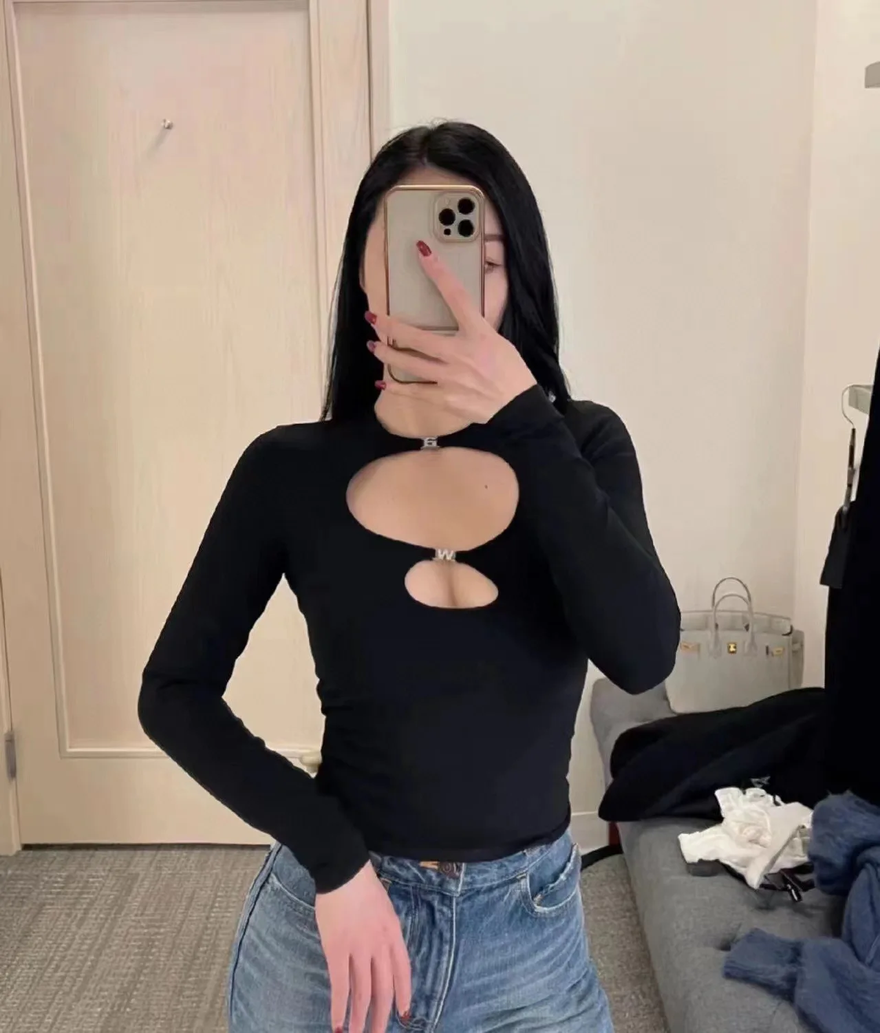 

Fashion Classic Trendy Luxury Designer New Letter Hollow Fit Knitted Long Sleeve T-shirt Top Women