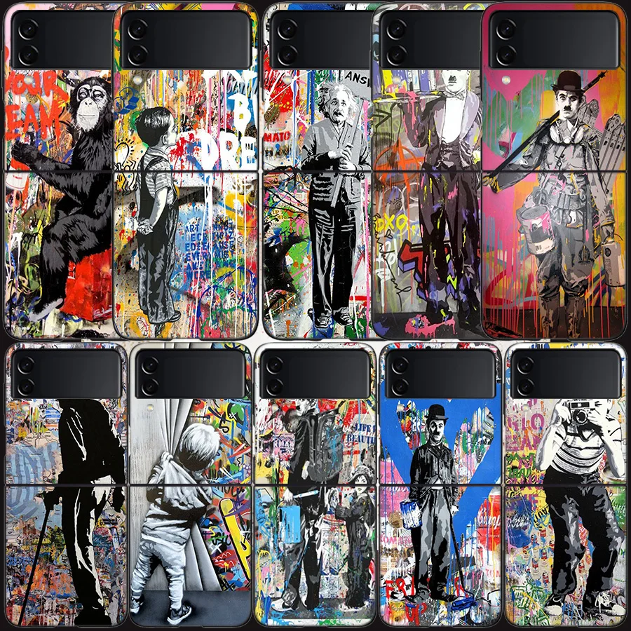 Custodia Astratta Banksy Graffiti Art Per Samsung Galaxy Z Flip 3 Flip 5 4 5G Cover Rigida Nera Per Cellulare Samsung Z Flip 5 5G Luxury