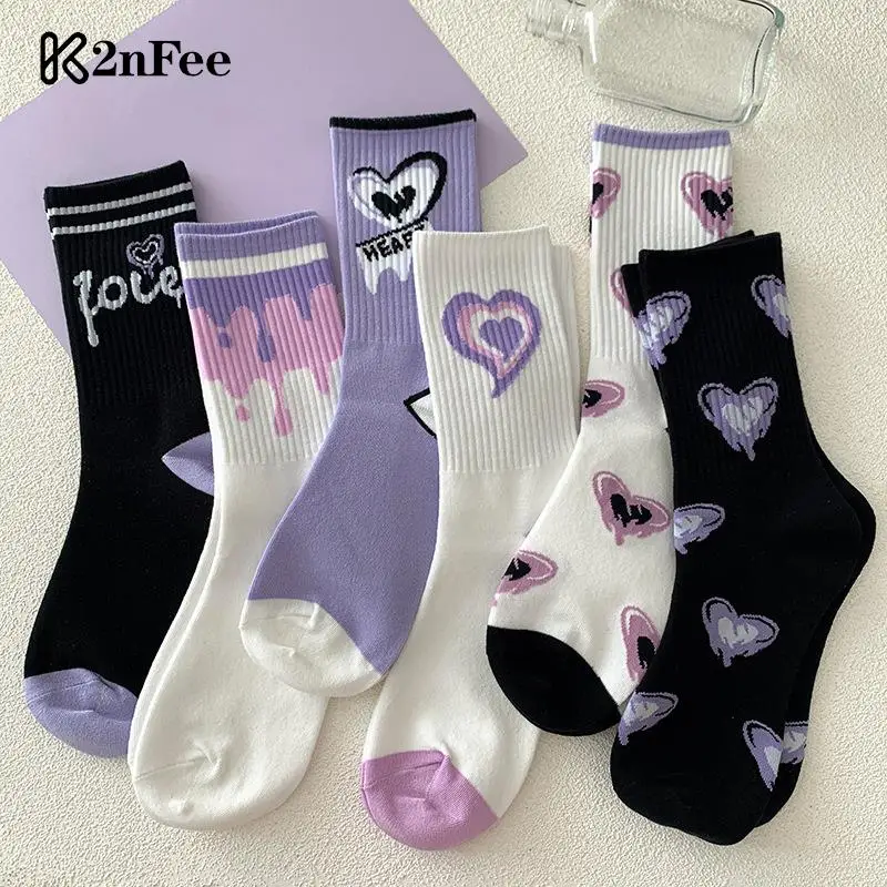 

Women American Hip Hop Socks Purple Heart Print Middle Tube Sock Street Wear Skateboard Socks Sports Cotton Socks For Girls