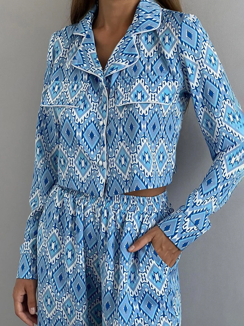 Marthaqiqi Printing Femme Nightwear Set Turn-Down Collar Sleepwear Long Sleeve Crop Top Pajama Pants Casual Nightie 2 Piece Suit