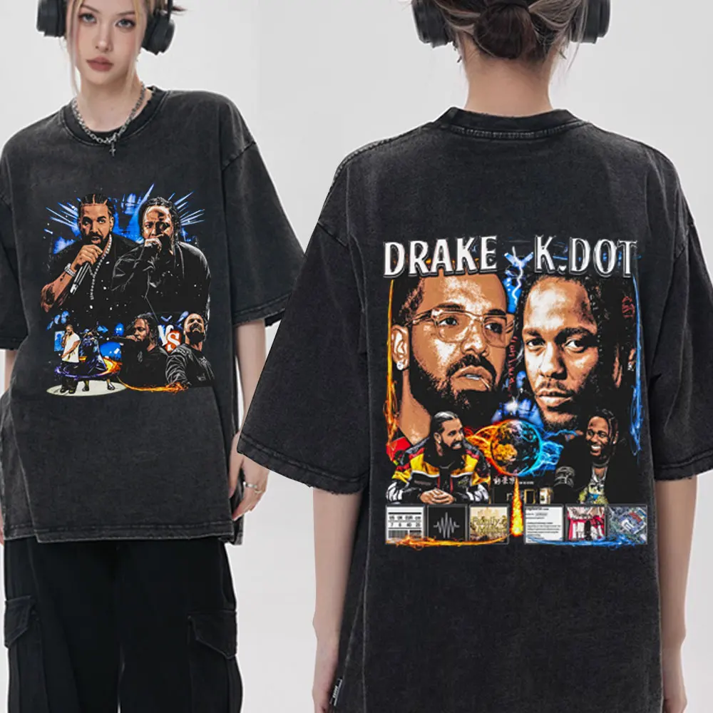 

Rapper Drake Vs.Kendrick Lamar Rap Beef Drake Vs.K.DOT Streetwear Wash Vintage T-Shirt Hip Hop Oversized Washed T Shirt Unisex